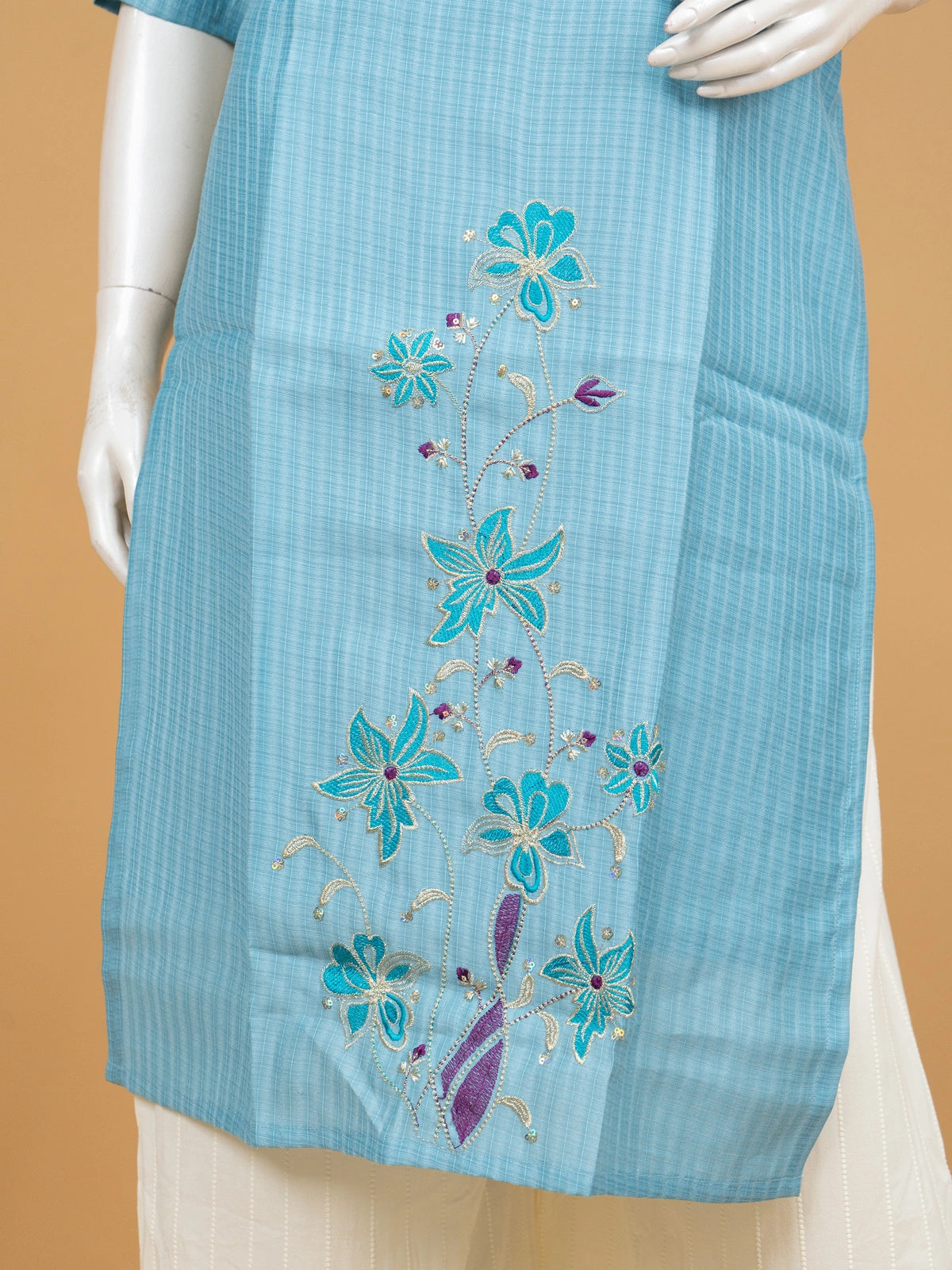 Sky Blue floral embroidered cotton Anarkali kurti top with teal and purple thread work
