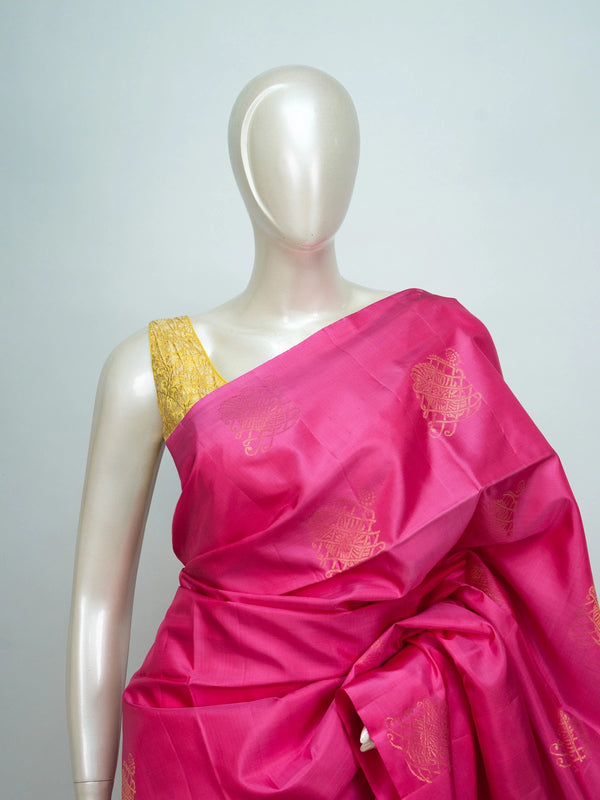 Pink pure soft silk saree with contrast lime-green zari border, pallu and gold zari buttas