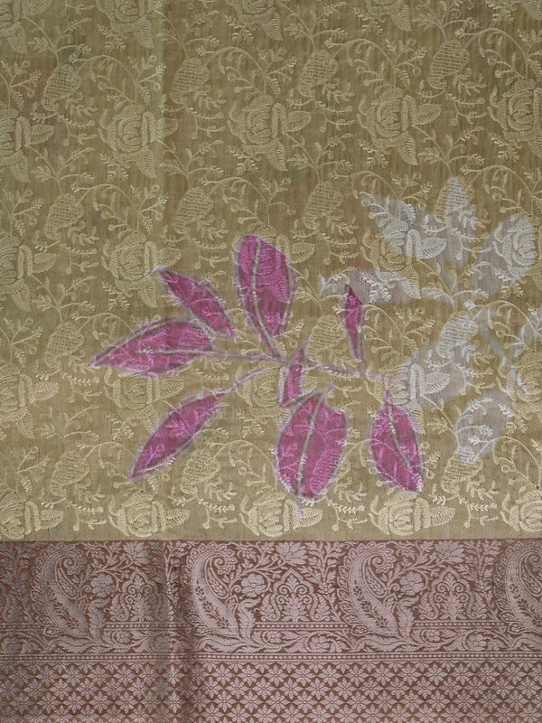 Cream and mauve floral designer tissue saree with woven jaal and contrast zari border