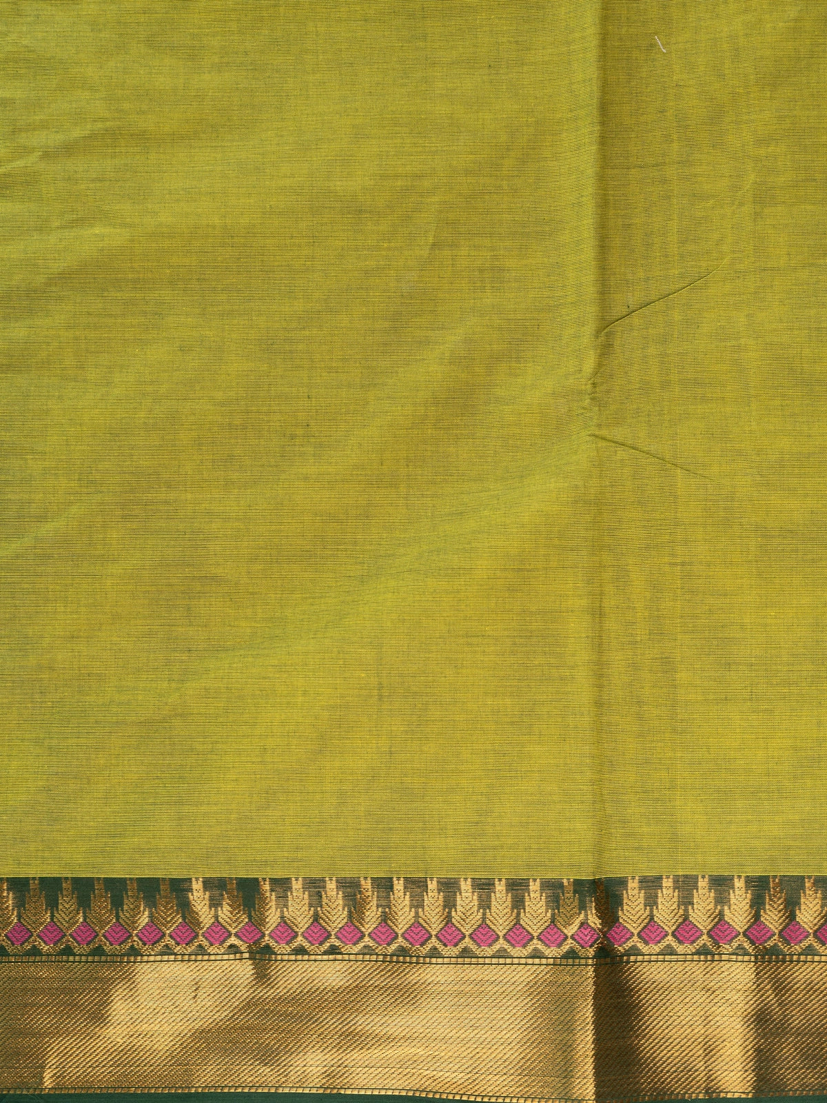 Mehndi green Chettinad cotton saree with contrast dark green gold zari border and striped pallu