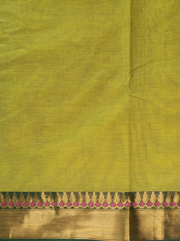 Mehndi green Chettinad cotton saree with contrast dark green gold zari border and striped pallu