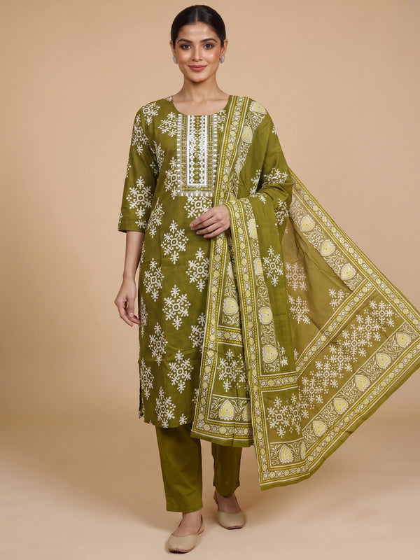 Olive green block print cotton kurti set with mirror work yoke, matching pants and printed dupatta