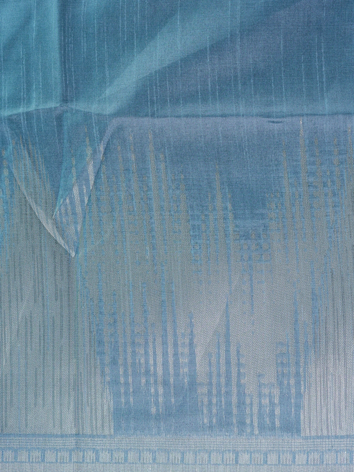 Blue semi tussar saree with silver zari vertical streaks, woven zari border and temple-motif pallu