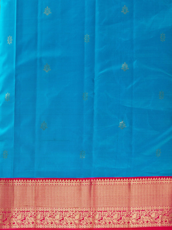 Peacock blue pure Kanchipuram silk saree with contrast pink and gold zari border and pallu