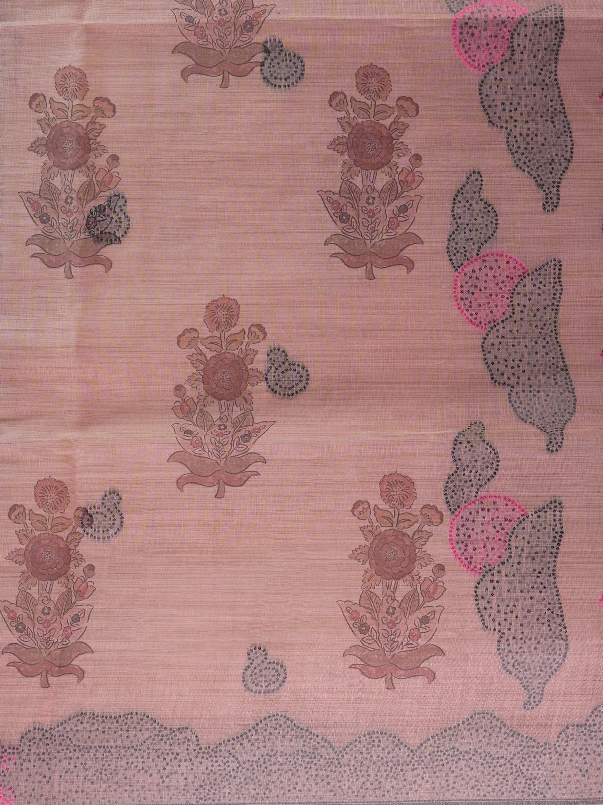 Dusty pink linen cotton saree with grey border, floral buttas and pink deer motif pallu