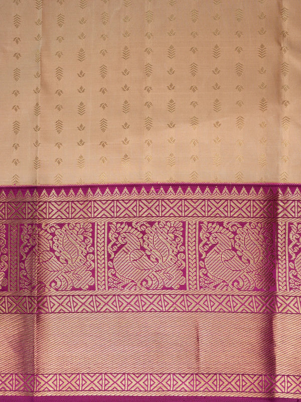 Cream and magenta pure Kanchipuram silk saree with gold zari buttis and contrast border