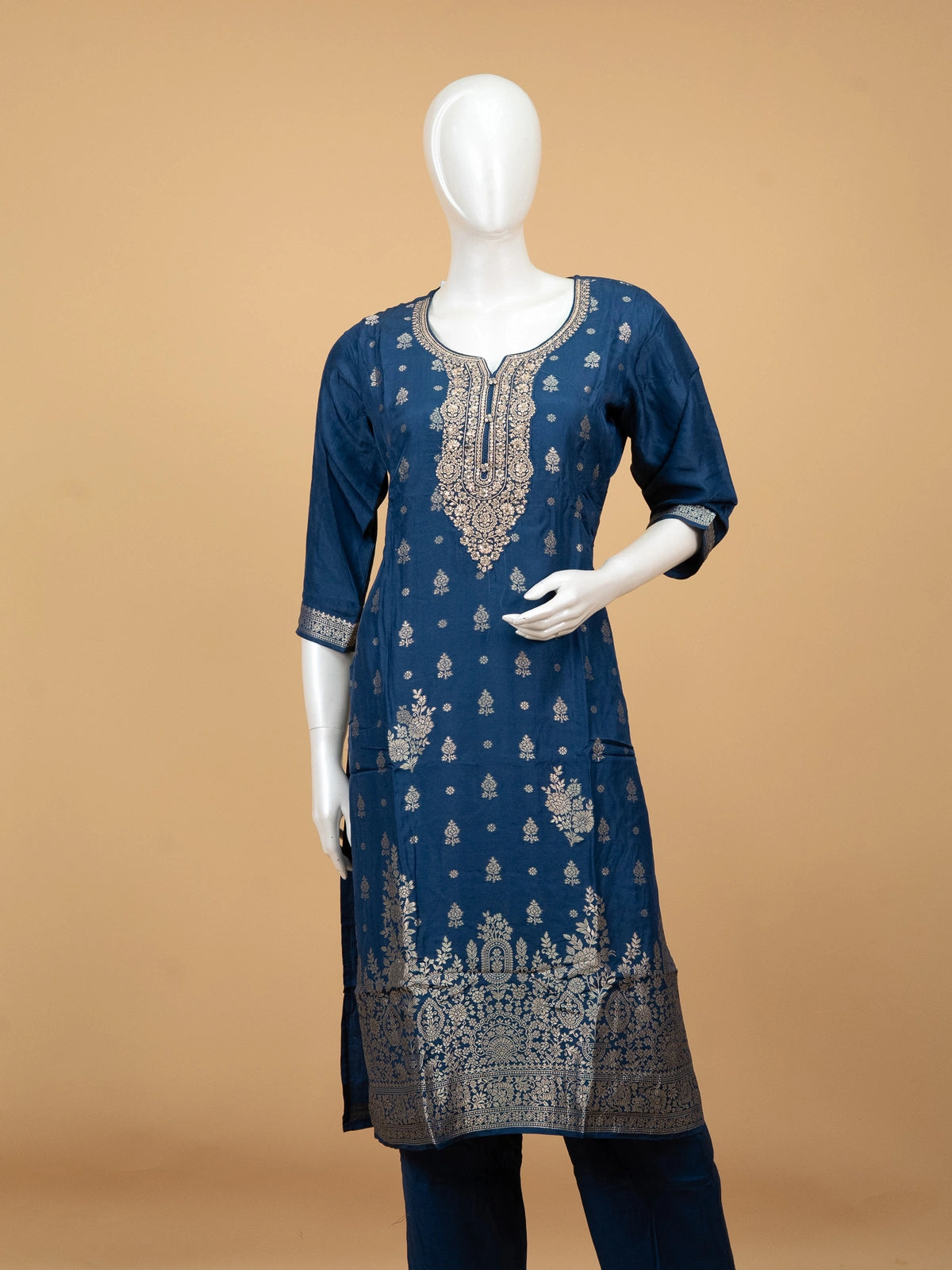 Peacock Blue Zari woven straight cut kurti set with embroidered neckline and floral printed dupatta