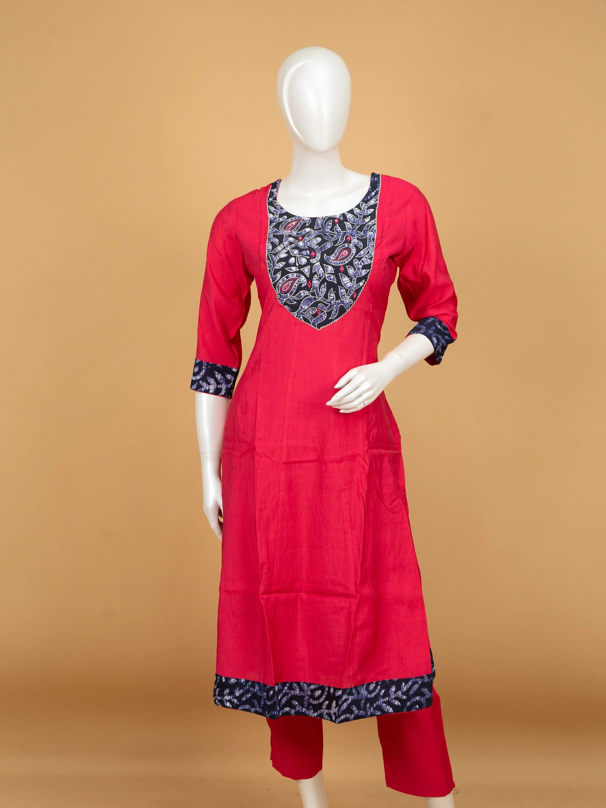 Red cotton A-line kurti set with navy batik embroidered yoke and black batik dupatta