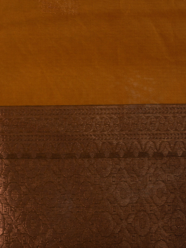Mustard silk cotton saree with contrast dark brown copper zari border and woven buttas