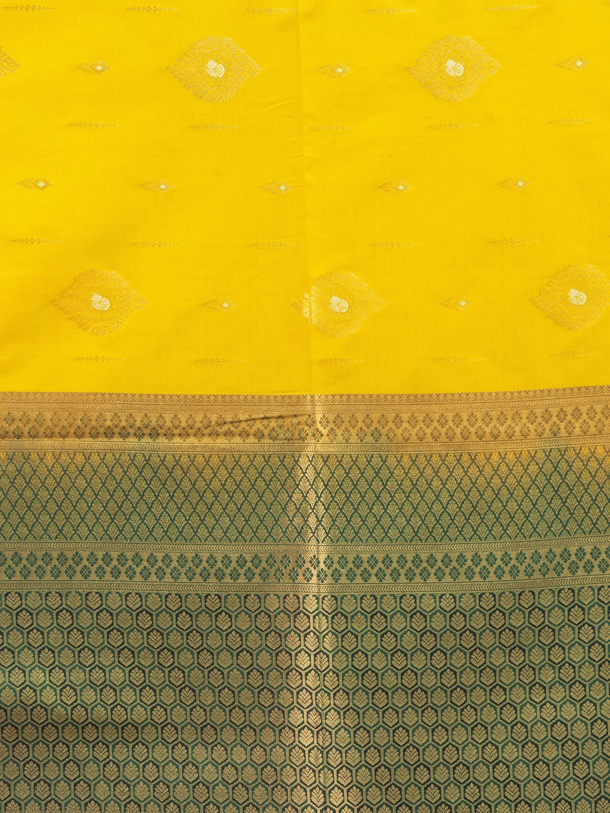 Yellow semi silk saree with contrast green and gold zari border and pallu