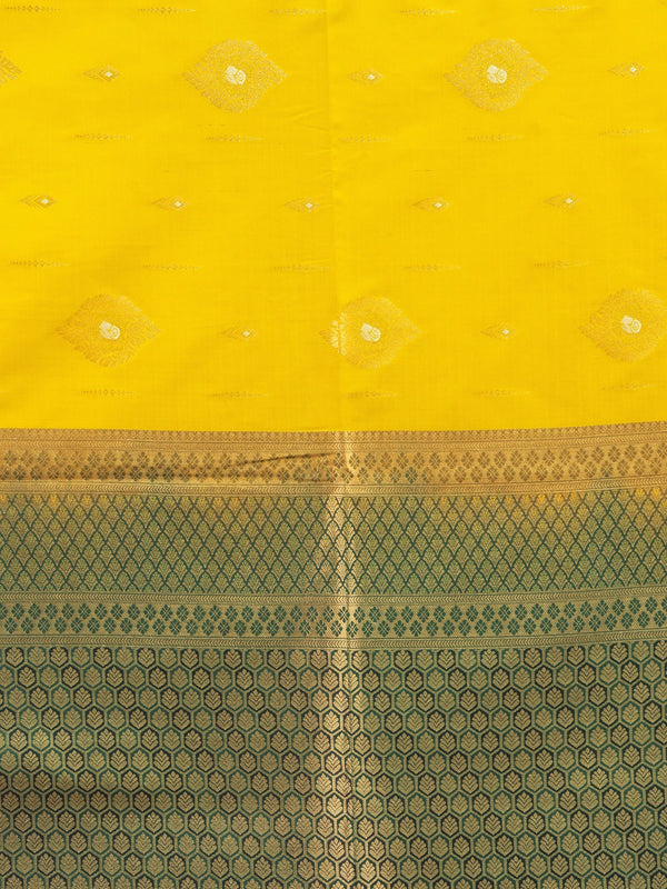 Yellow semi silk saree with contrast green and gold zari border and pallu