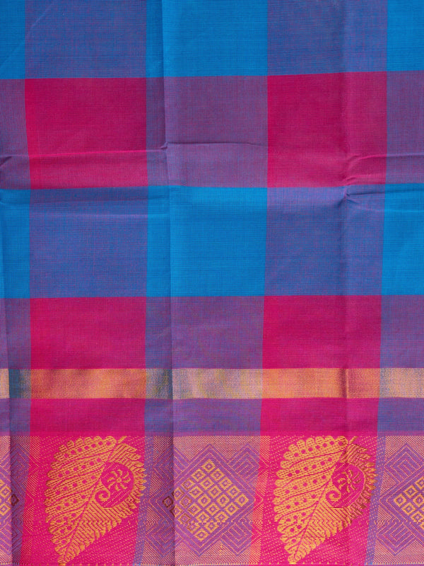 Pink and blue checked Chettinad cotton saree with gold zari border and paisley motif pallu