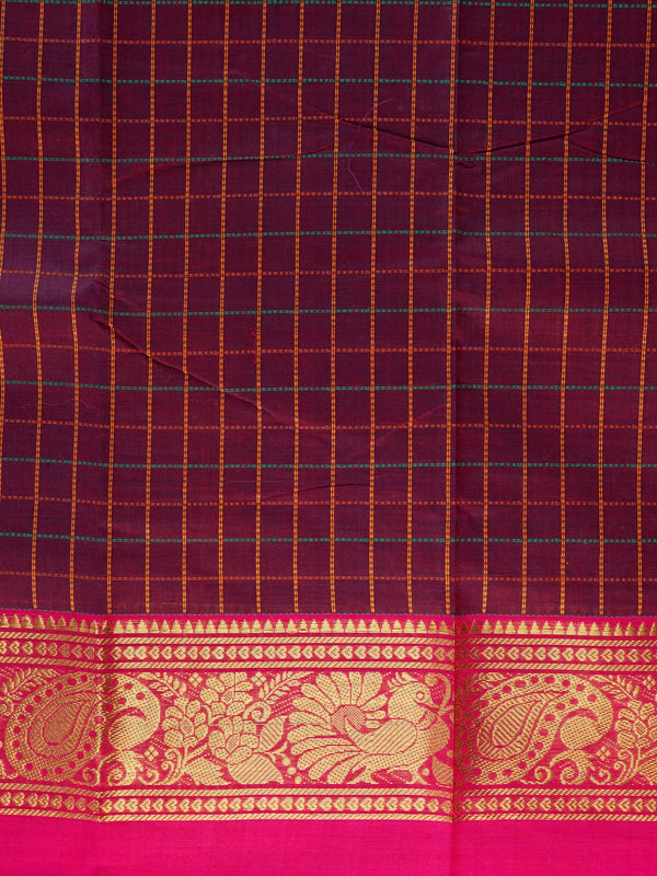 Maroon Chettinad cotton saree with checked body, contrast pink zari border and gold peacock motif pallu