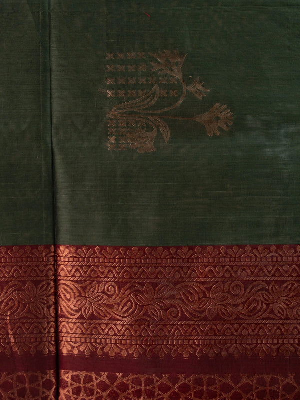 Dark green silk cotton saree with copper zari buttas and contrast maroon border and pallu