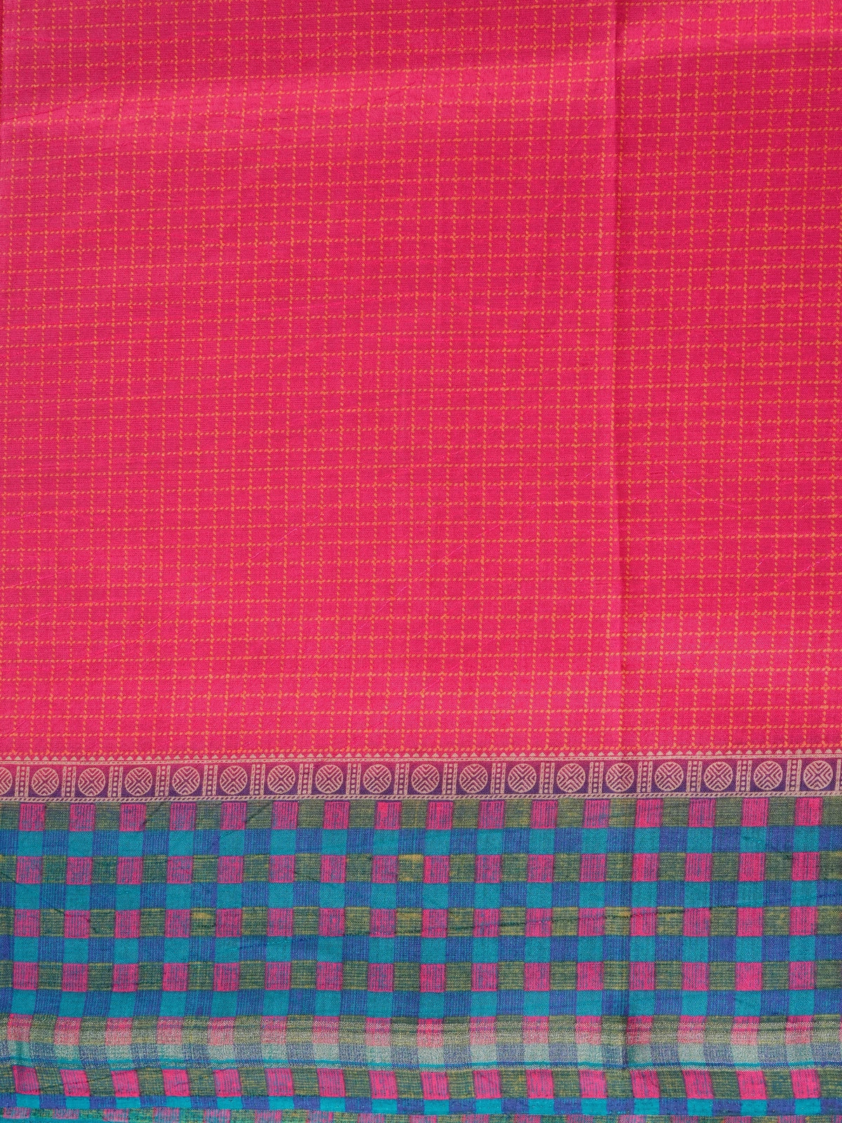 Magenta pink Dola silk saree with yellow checks, teal blue contrast checked border and paisley pallu