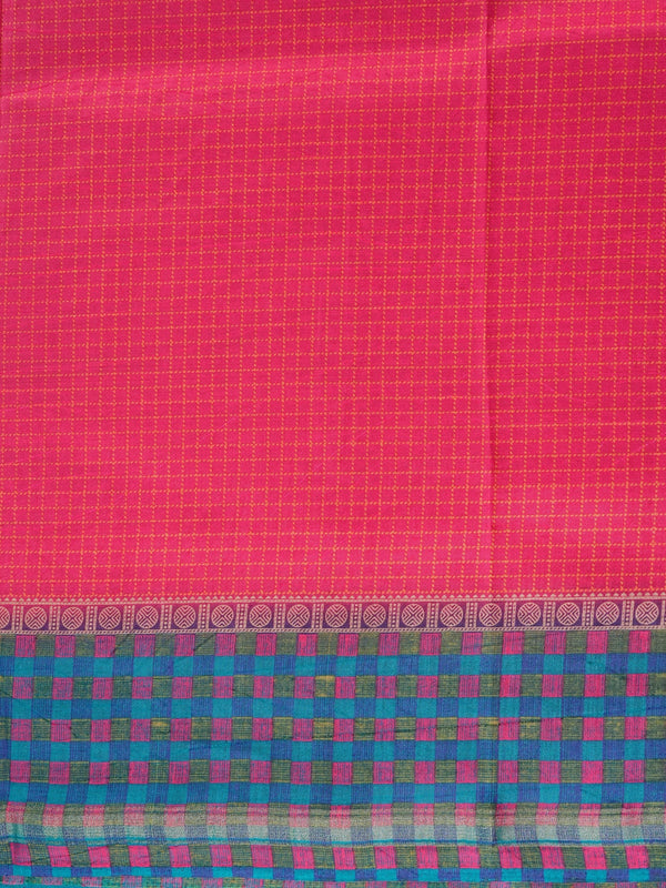 Magenta pink Dola silk saree with yellow checks, teal blue contrast checked border and paisley pallu