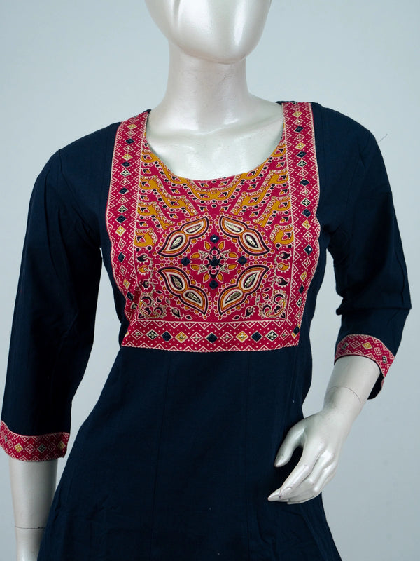 Navy Blue cotton Anarkali kurti set with mirror-work embroidered yoke and pink Ajrakh-print dupatta