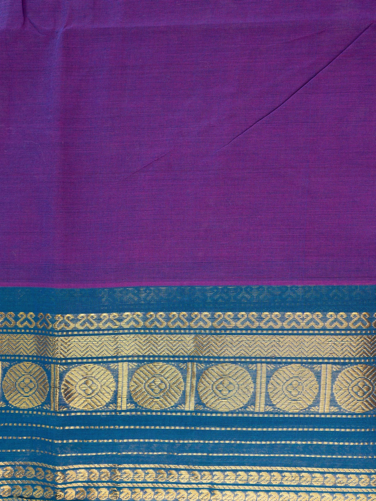 Purple Chettinad cotton saree with peacock-blue and gold zari contrast border