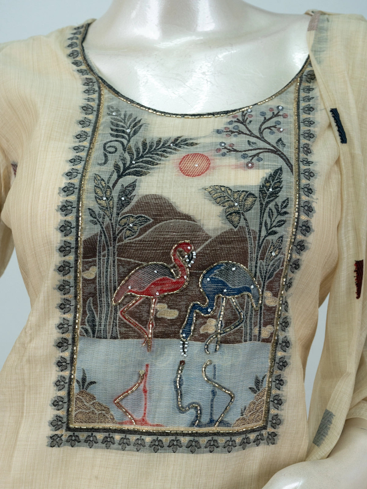 Beige Kota cotton straight cut kurti set with folk-art embroidered yoke and matching dupatta