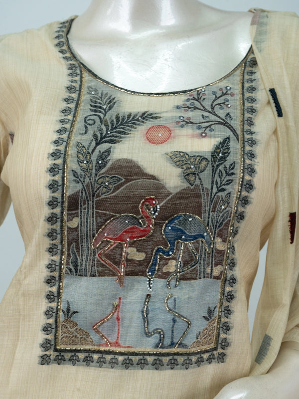 Beige Kota cotton straight cut kurti set with folk-art embroidered yoke and matching dupatta