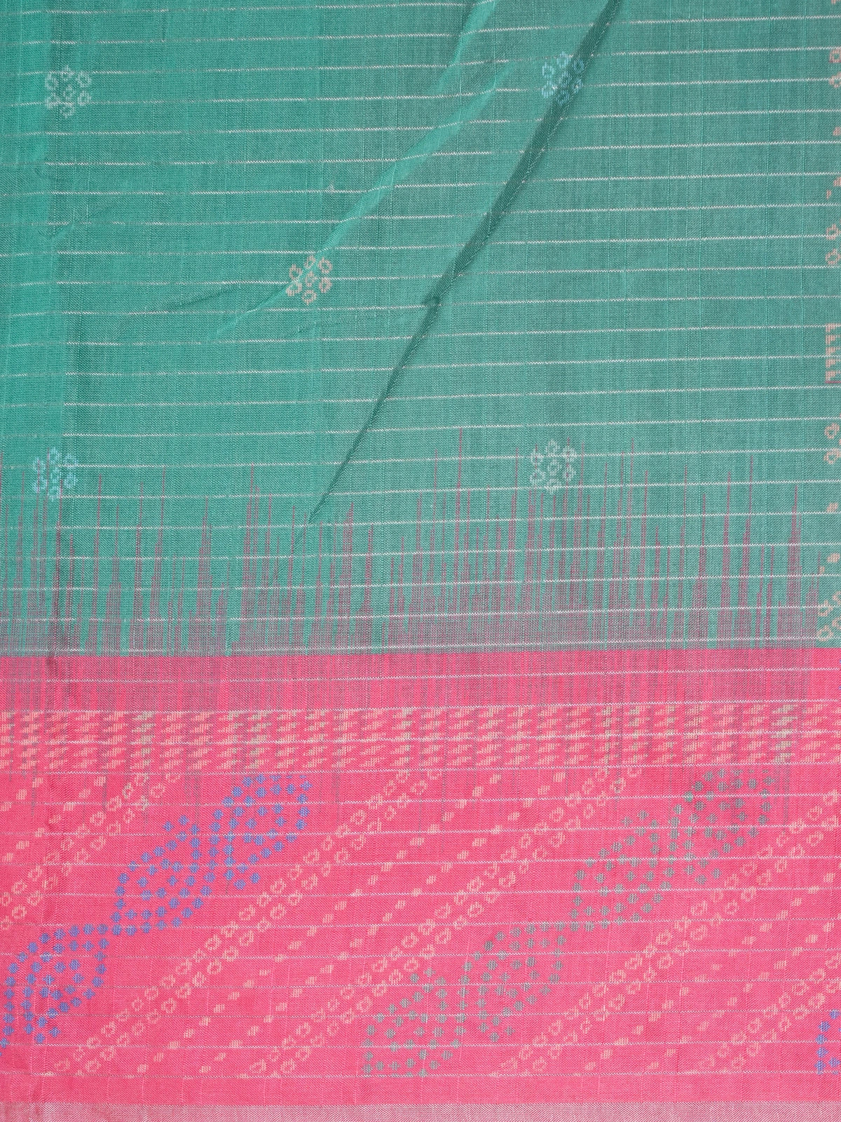 Teal green Dola silk saree with silver zari checks and contrast rani pink border and pallu
