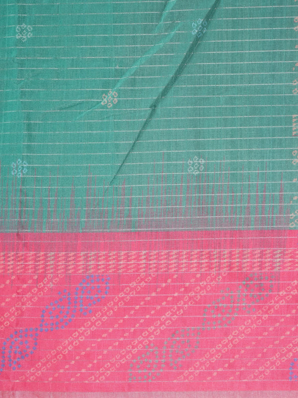 Teal green Dola silk saree with silver zari checks and contrast rani pink border and pallu