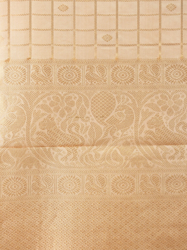 Cream and gold pure Kanchipuram silk saree with zari checks and paisley pallu
