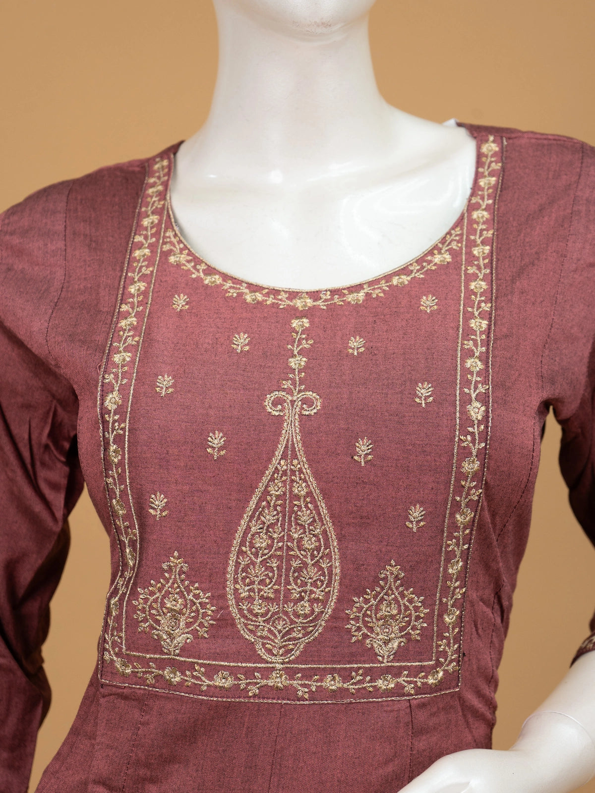 Dusty mauve zari embroidered cotton Anarkali kurti top with paisley yoke and 3/4th sleeves