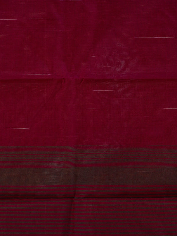 Deep magenta silk cotton saree with fine zari stripes and a dark contrast striped pallu