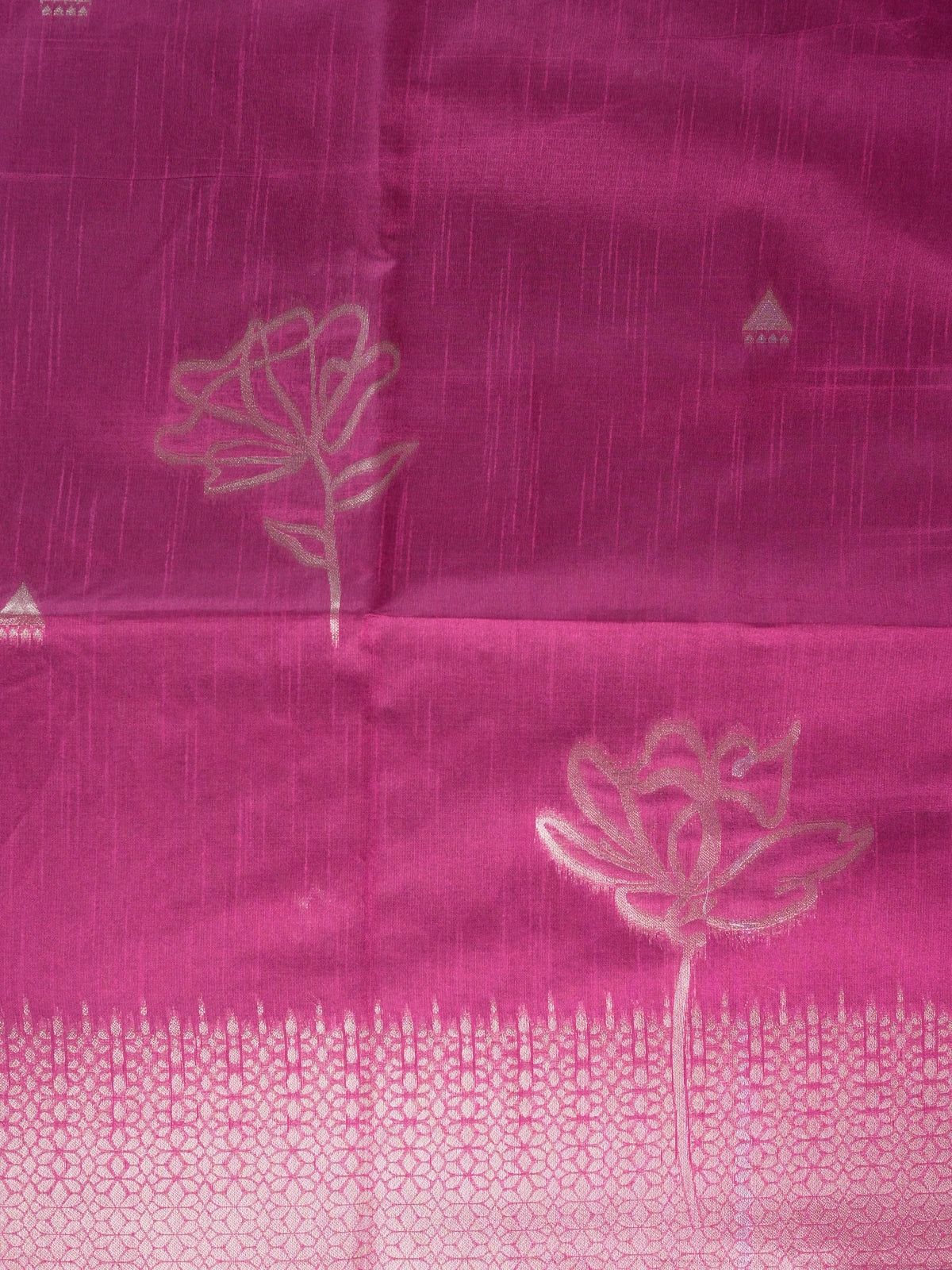 Magenta pink semi tussar saree with silver zari lotus pallu and contrast border
