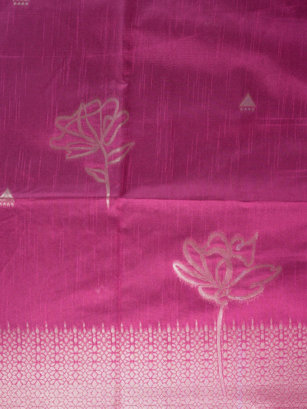 Magenta pink semi tussar saree with silver zari lotus pallu and contrast border