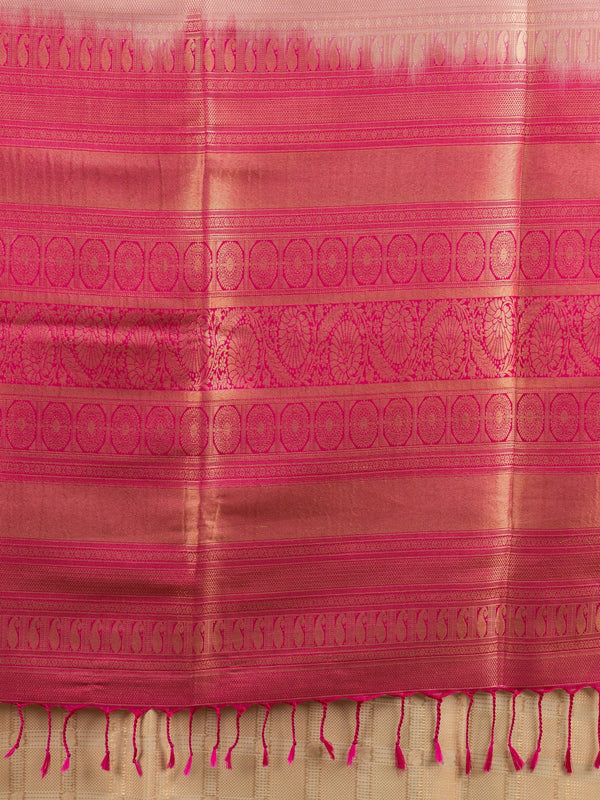 Cream Kanchipuram fancy silk saree with contrast pink gold zari border and woven pallu