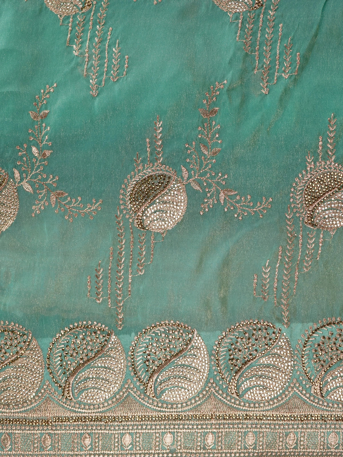 Sea green designer saree with gold zari floral embroidery and embellished scalloped border