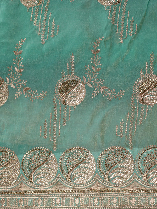 Sea green designer saree with gold zari floral embroidery and embellished scalloped border