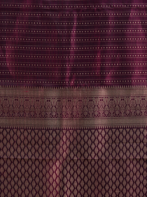 Wine purple pure Kanchipuram silk saree with gold zari striped body, contrast border and diamond jaali pallu