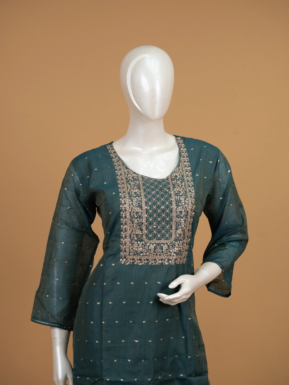 Teal Green Chanderi Silk zari embroidered straight cut kurti set with gold tissue dupatta