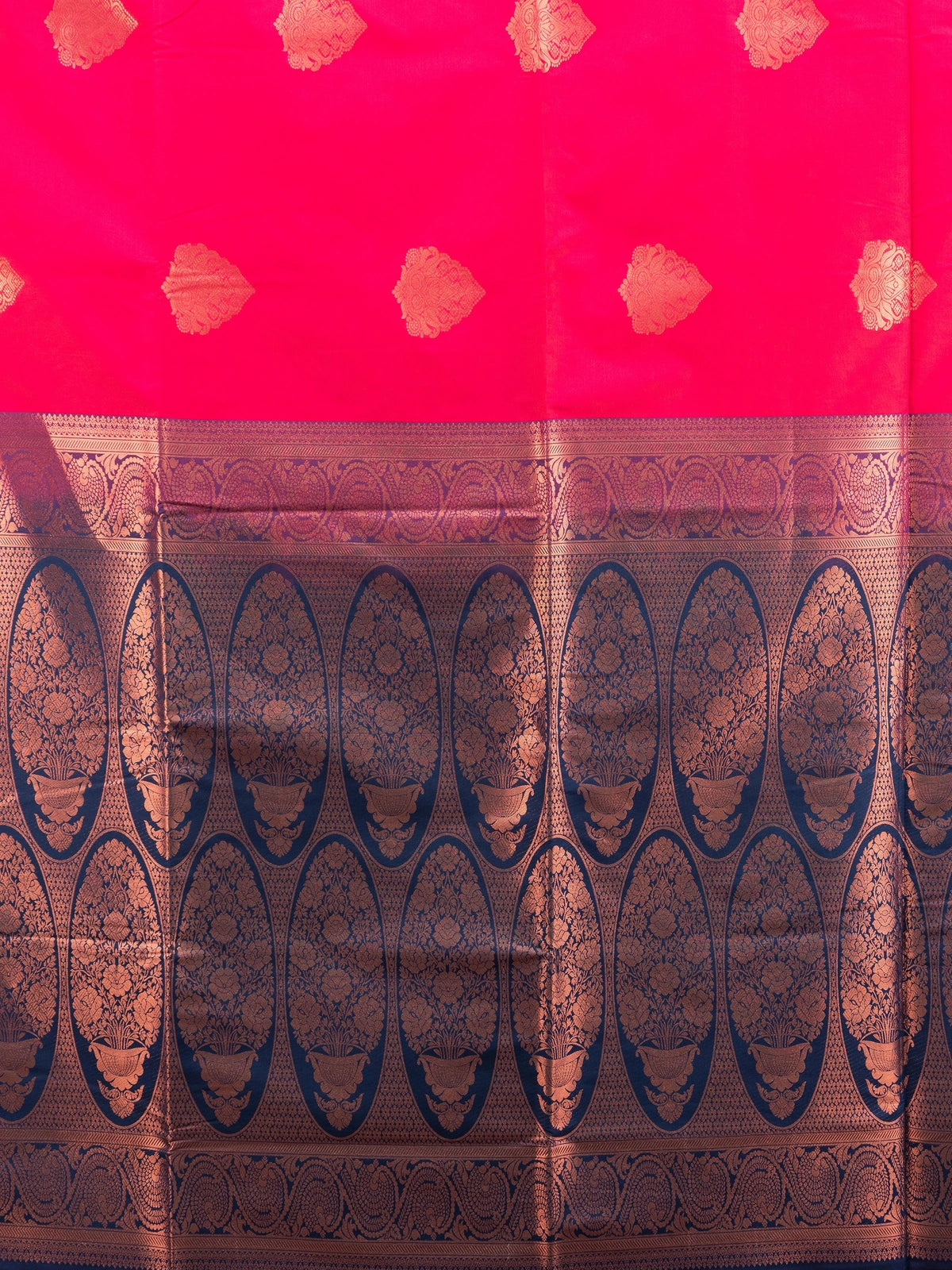 Red Kanchipuram Fancy Silk saree with navy blue contrast border and copper zari pallu