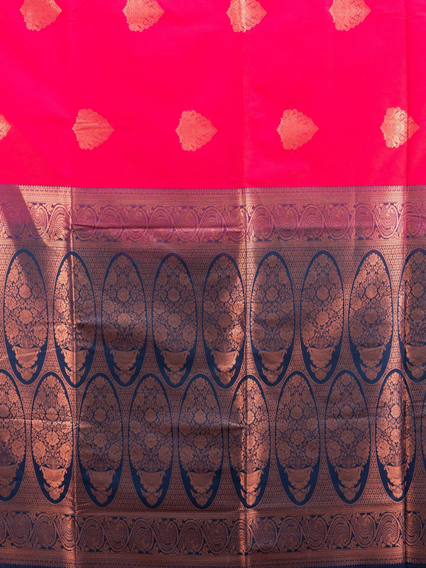 Red Kanchipuram Fancy Silk saree with navy blue contrast border and copper zari pallu