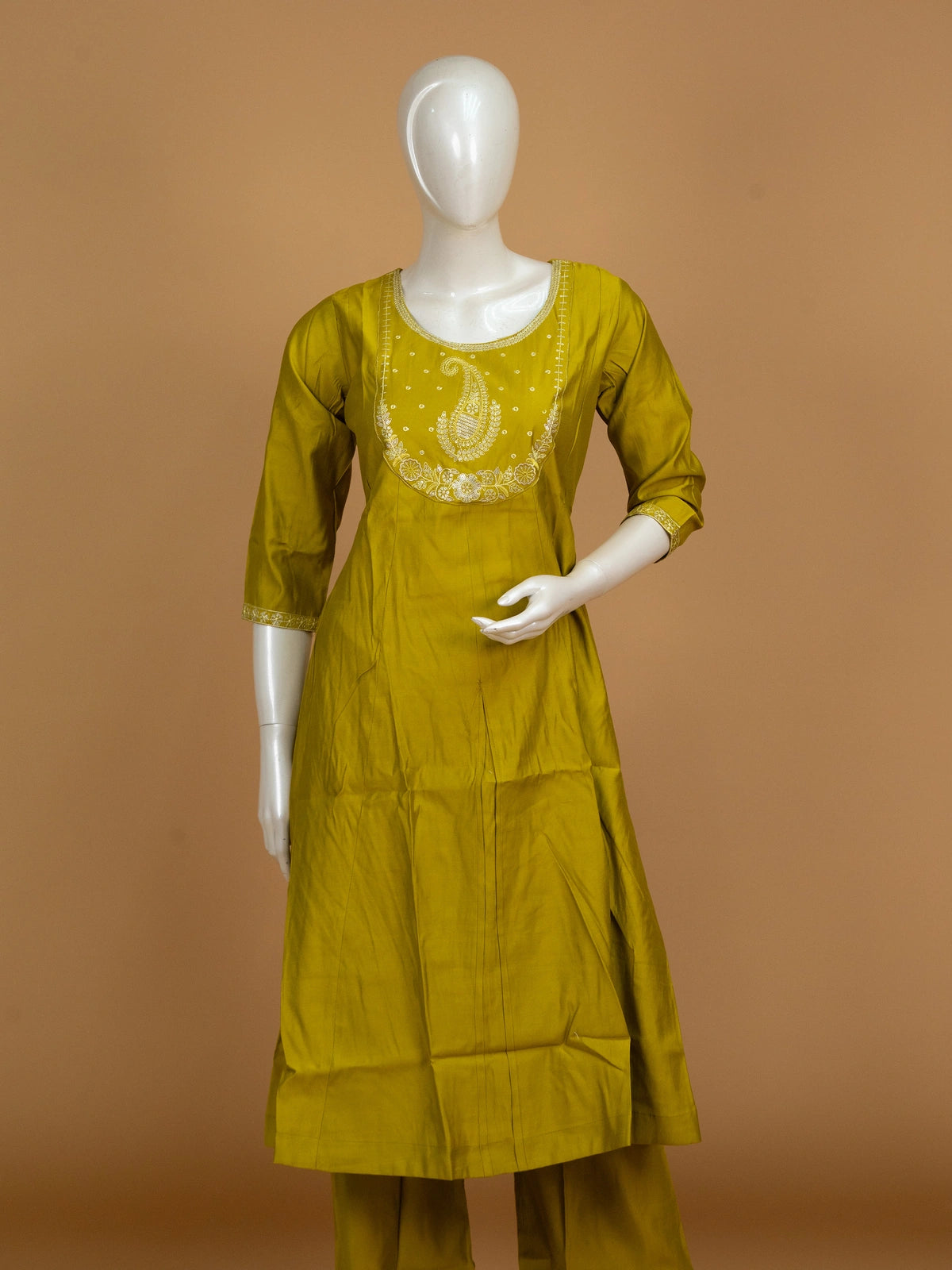Mehndi green embroidered cotton silk A-line kurti set with cream printed dupatta and straight pants