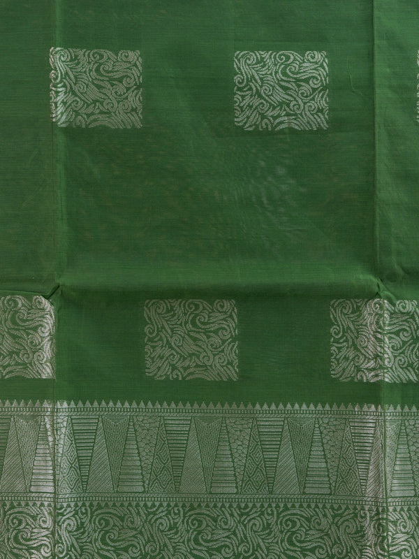 Green silk cotton saree with silver zari square buttas and temple-triangle border