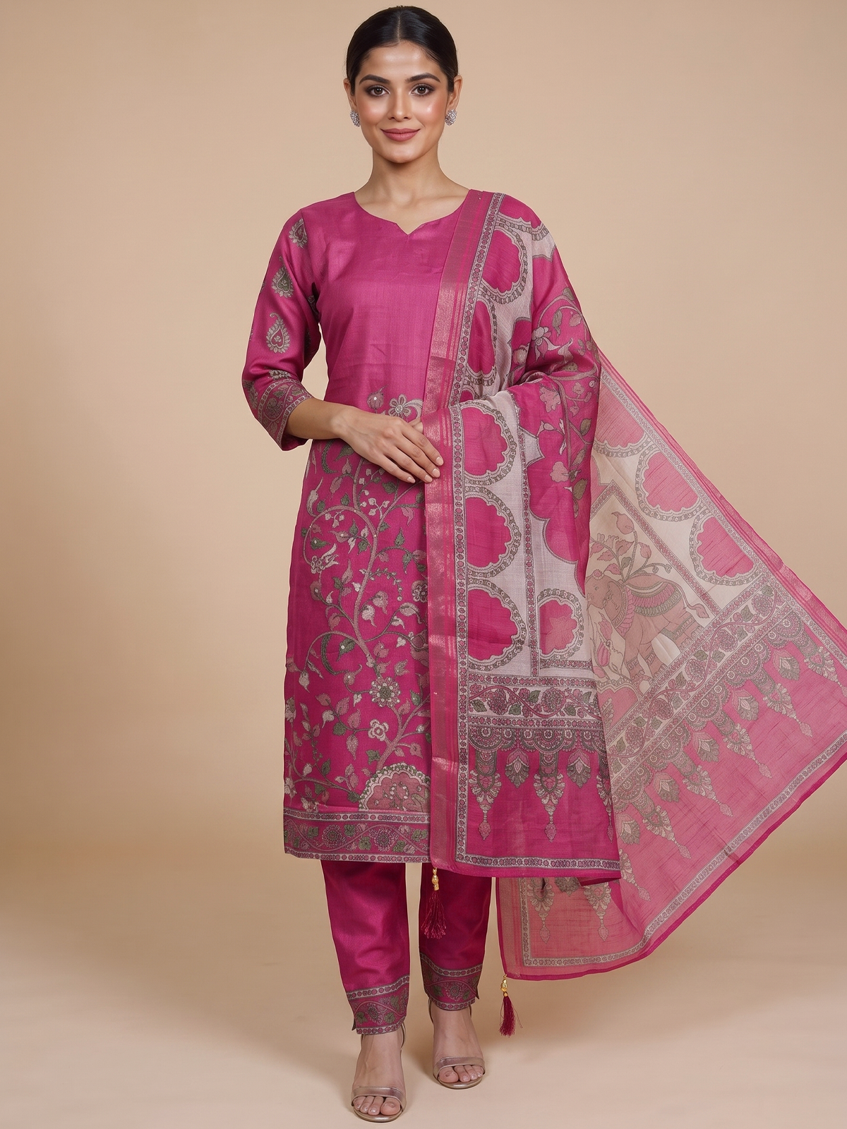 Rani Pink Kalamkari printed kurti set with straight pants and contrast printed dupatta