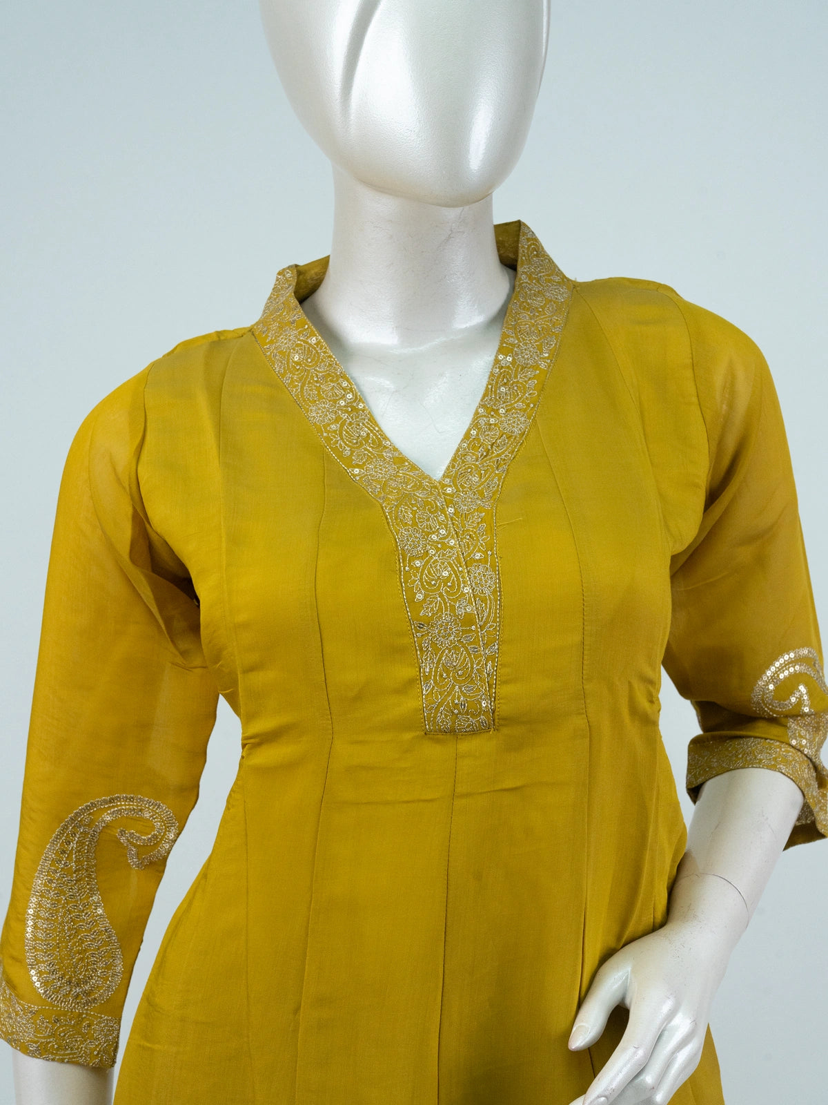 Mustard Yellow Chanderi Silk paisley embroidered Anarkali kurti set with dupatta