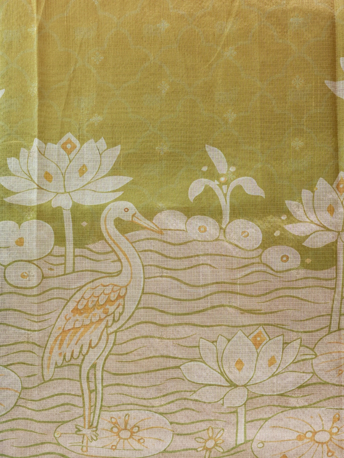 Mustard gold semi tussar saree with green lotus and crane printed pallu and gold zari border