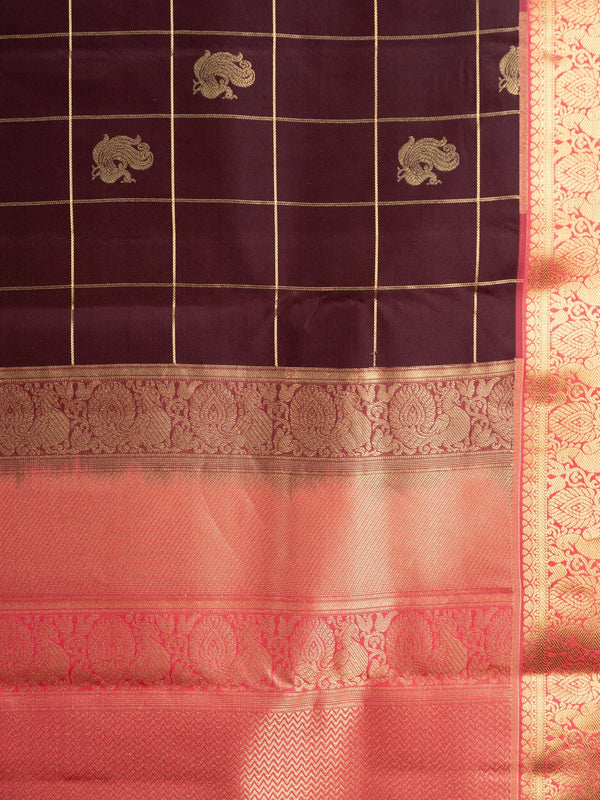 Deep wine pure Kanchipuram silk saree with gold zari checks, peacock motifs and coral pink contrast zari border