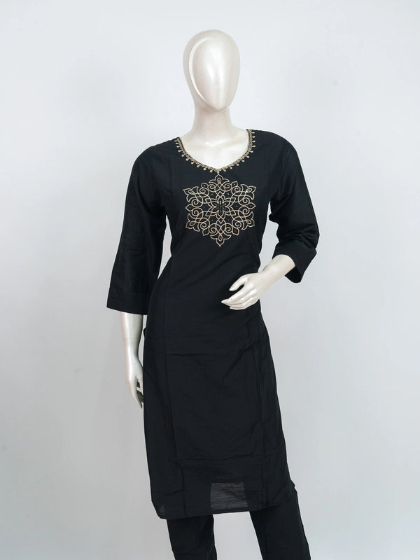 Black cotton straight cut kurti set with gold zari embroidered medallion motif and woven black-gold dupatta