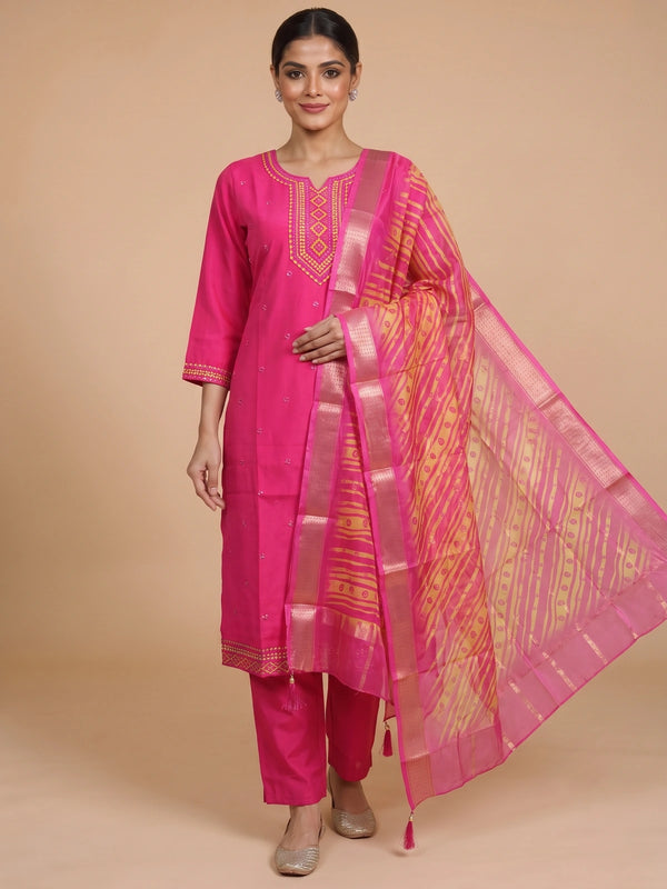 Rani pink embroidered kurti set with golden yoke and leheriya striped dupatta