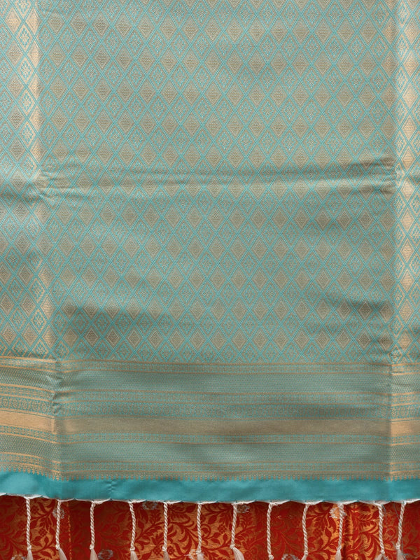 Orange Kanchipuram fancy silk saree with turquoise contrast border, gold zari floral body and diamond-patterned pallu