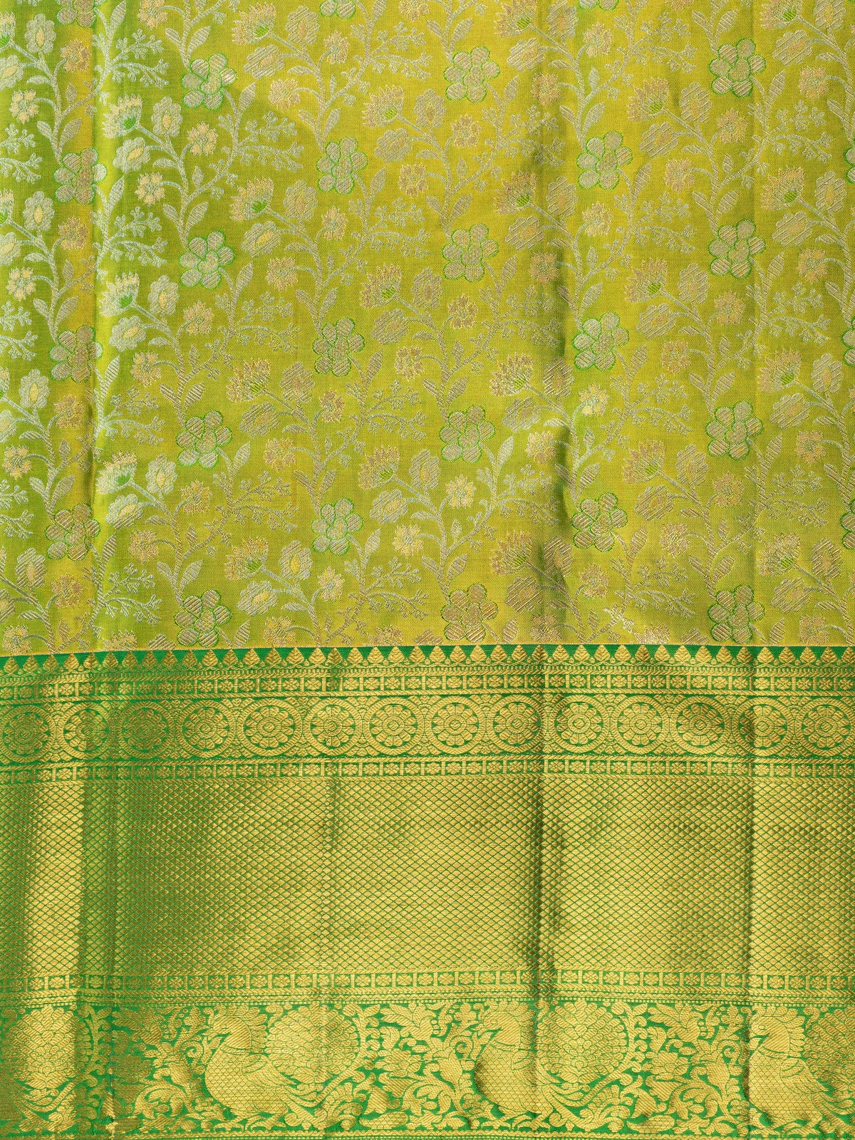 Parrot green and gold pure Kanchipuram silk saree with floral zari jaal and contrast green border