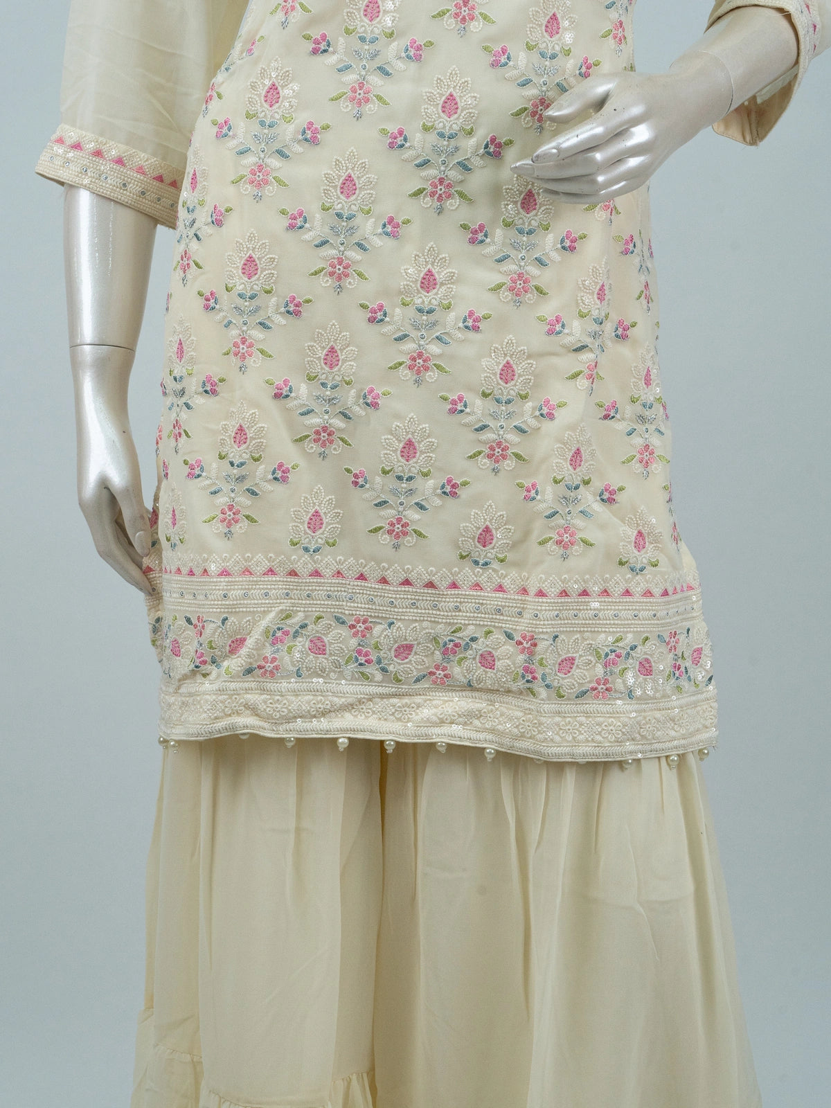 Cream multicolour floral embroidered straight cut kurti sharara set with net dupatta