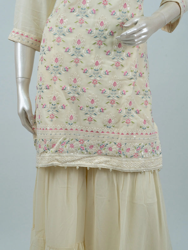 Cream multicolour floral embroidered straight cut kurti sharara set with net dupatta